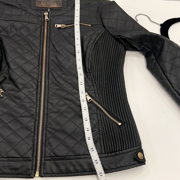 Woman’s Black Vegan Leather Moto Jacket with Gold Hardware - Picture 11 of 11